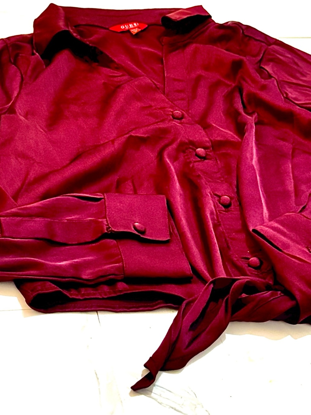 Guess Satin Button-Front Blouse in Deep Wine Red